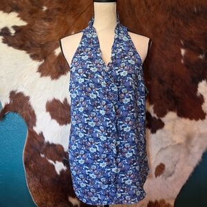 CAbi Blue Floral Halter Tank Top